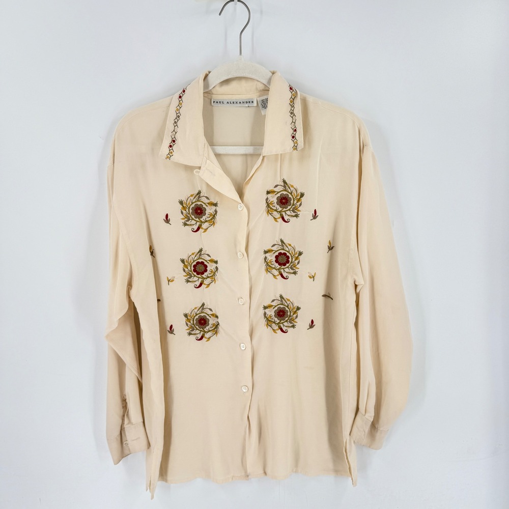 Vintage Paul Alexander Silk Embroidered Floral Button Up Ivory Blouse Size 6